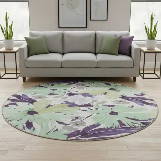 8' X 8' Purple Green And Ivory Floral Washable Round Rug With UV Protection Photo 2