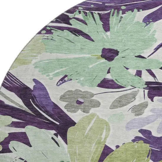 8' X 8' Purple Green And Ivory Floral Washable Round Rug With UV Protection Photo 2