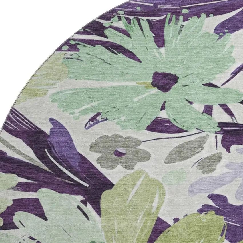8' X 8' Purple Green And Ivory Floral Washable Round Rug With UV Protection Photo 2