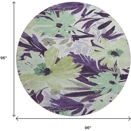 8' X 8' Purple Green And Ivory Floral Washable Round Rug With UV Protection Photo 9