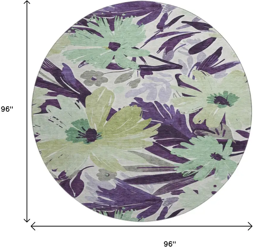 8' X 8' Purple Green And Ivory Floral Washable Round Rug With UV Protection Photo 9