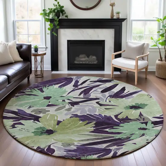 8' X 8' Purple Green And Ivory Floral Washable Round Rug With UV Protection Photo 4