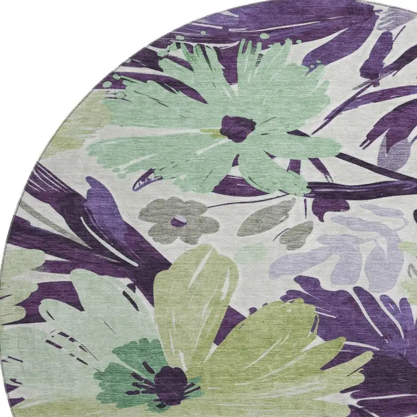 8' X 8' Purple Green And Ivory Floral Washable Round Rug With UV Protection Photo 3