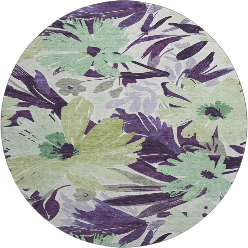 8' X 8' Purple Green And Ivory Floral Washable Round Rug With UV Protection Photo 1