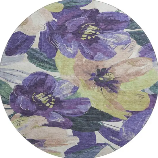 8' X 8' Purple Green And Ivory Floral Washable Round Rug With UV Protection Photo 2