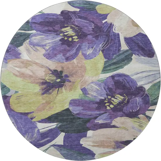 8' X 8' Purple Green And Ivory Floral Washable Round Rug With UV Protection Photo 3