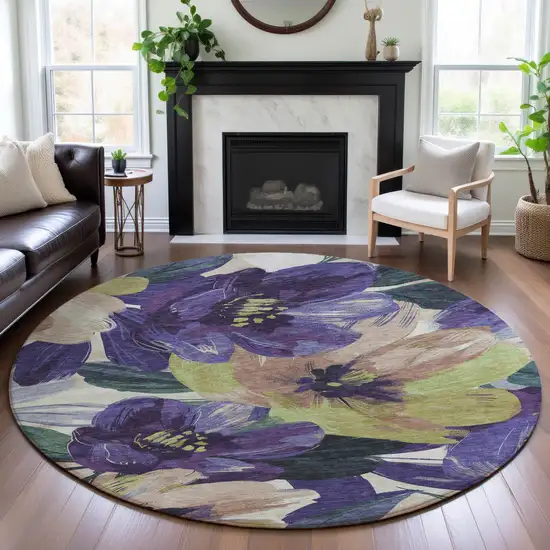 8' X 8' Purple Green And Ivory Floral Washable Round Rug With UV Protection Photo 4
