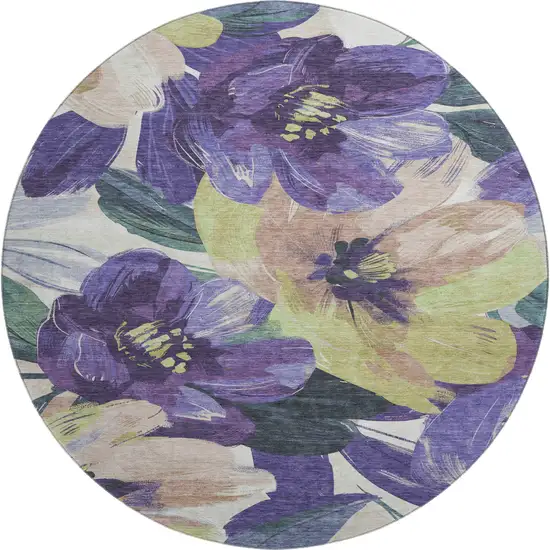 8' X 8' Purple Green And Ivory Floral Washable Round Rug With UV Protection Photo 1