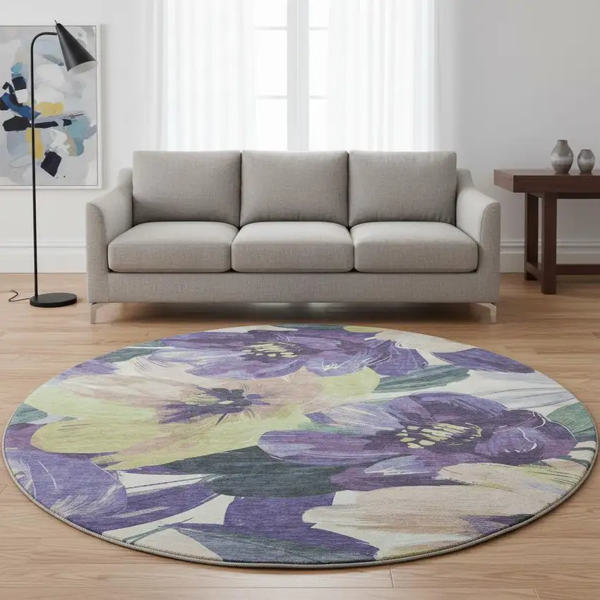 8' X 8' Purple Green And Ivory Floral Washable Round Rug With UV Protection Photo 2