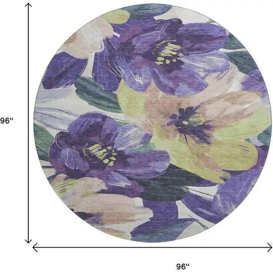 8' X 8' Purple Green And Ivory Floral Washable Round Rug With UV Protection Photo 9