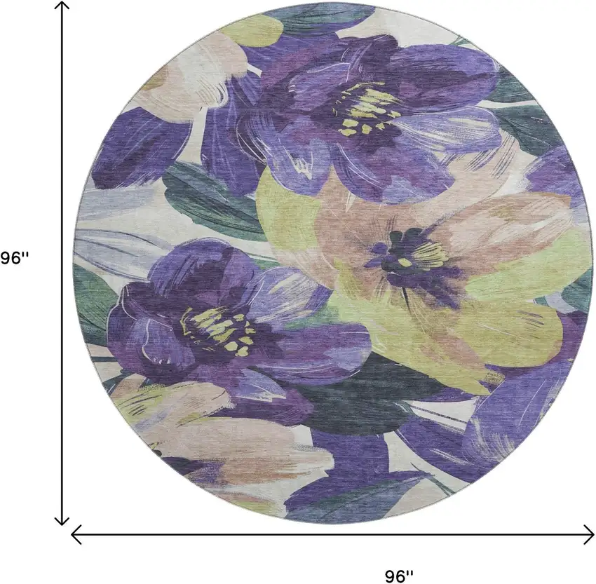 8' X 8' Purple Green And Ivory Floral Washable Round Rug With UV Protection Photo 9