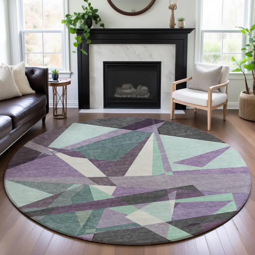 8' X 8' Purple Ivory And Teal Geometric Washable Round Rug With UV Protection Photo 4