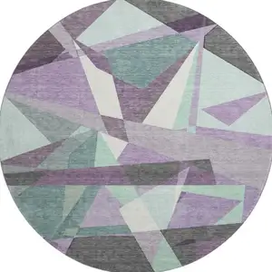 Photo of 8' X 8' Purple Ivory And Teal Geometric Washable Round Rug With UV Protection