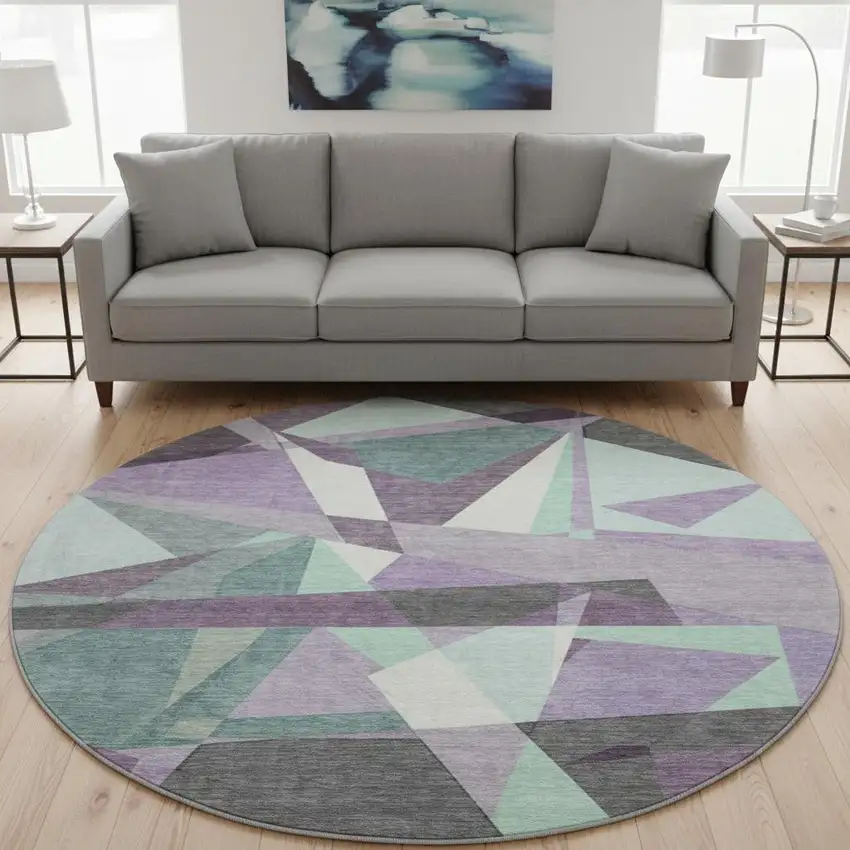 8' X 8' Purple Ivory And Teal Geometric Washable Round Rug With UV Protection Photo 2