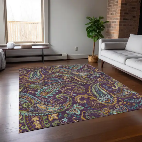 Purple Turquoise and Gold Paisley Washable Non Skid Indoor Outdoor Area Rug Photo 9