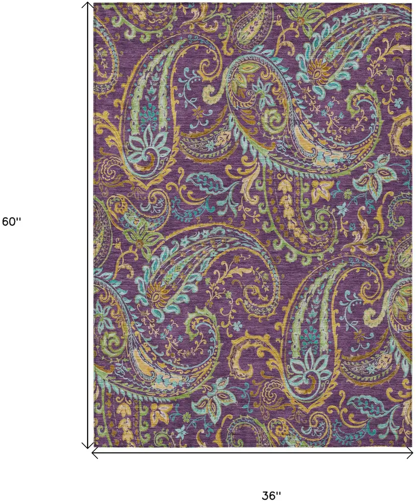 3' X 5' Purple Paisley Washable Non Skid Indoor Outdoor Area Rug Photo 3