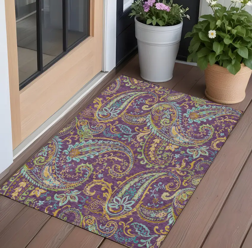 3' X 5' Purple Paisley Washable Non Skid Indoor Outdoor Area Rug Photo 1