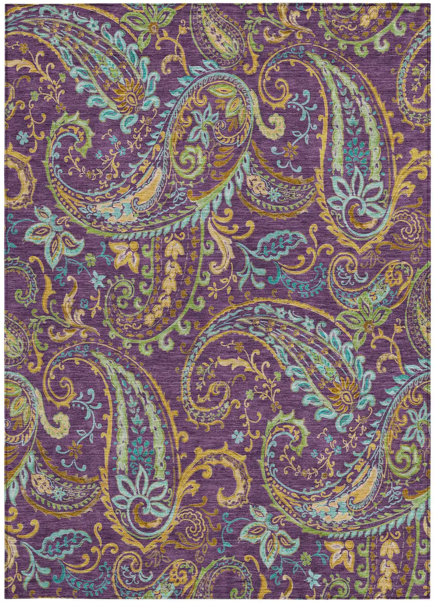 Purple Turquoise and Gold Paisley Washable Non Skid Indoor Outdoor Area Rug Photo 4
