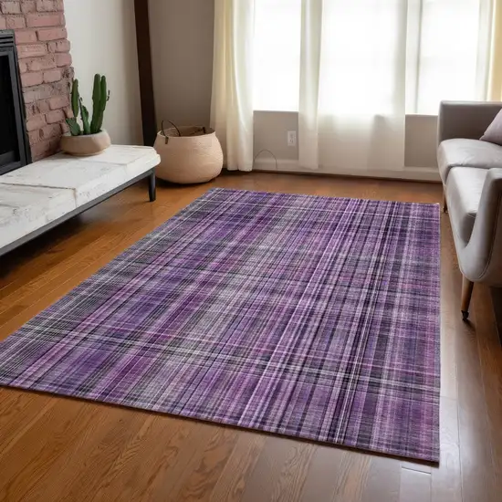 Purple and Gray Plaid Washable Non Skid Indoor Outdoor Area Rug Photo 9