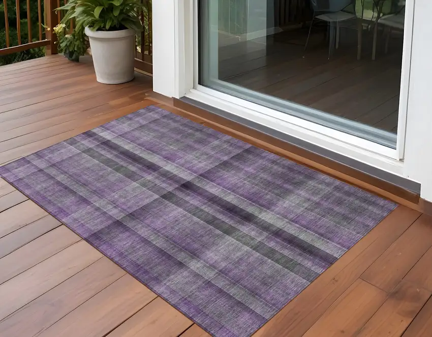 Purple Gray and Black Plaid Washable Non Skid Indoor Outdoor Area Rug Photo 1