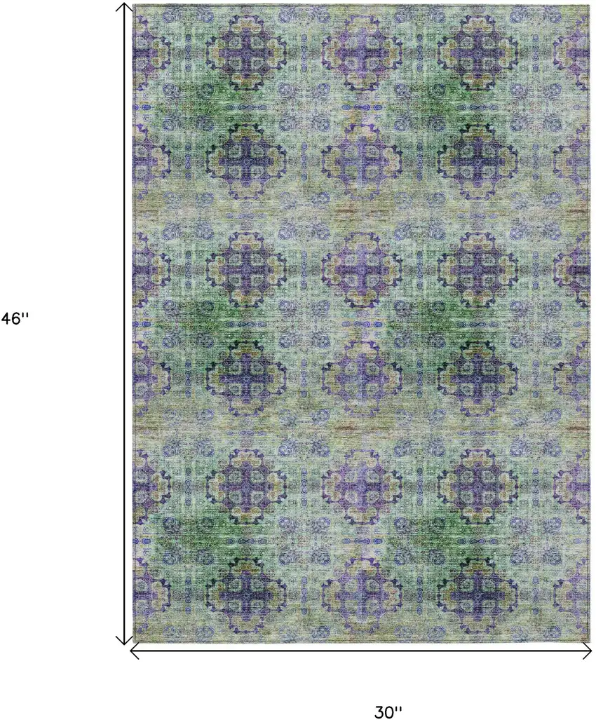 Purple and Green Floral Medallion Washable Non Skid Indoor Outdoor Area Rug Photo 3