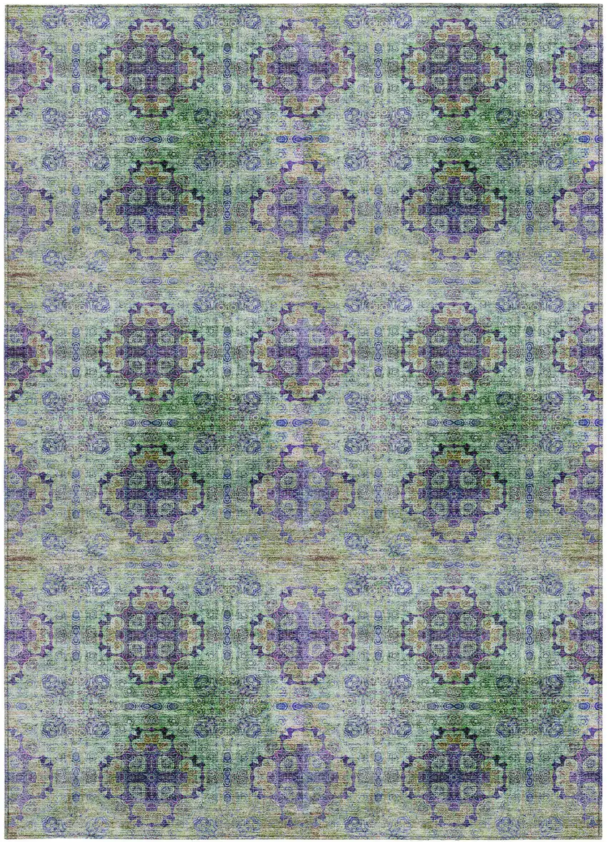 3' X 4' Purple and Green Floral Medallion Washable Non Skid Indoor Outdoor Area Rug Photo 2
