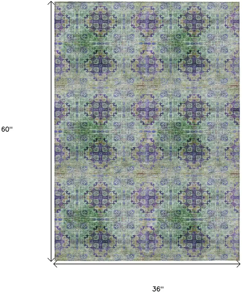 Purple and Green Floral Medallion Washable Non Skid Indoor Outdoor Area Rug Photo 3