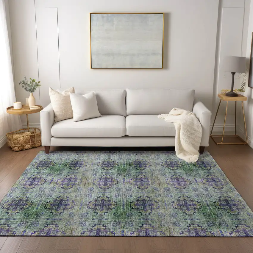 Purple and Green Floral Medallion Washable Non Skid Indoor Outdoor Area Rug Photo 9