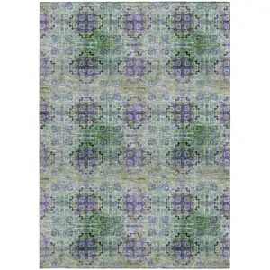 Photo of 3' X 5' Purple and Green Floral Medallion Washable Non Skid Indoor Outdoor Area Rug