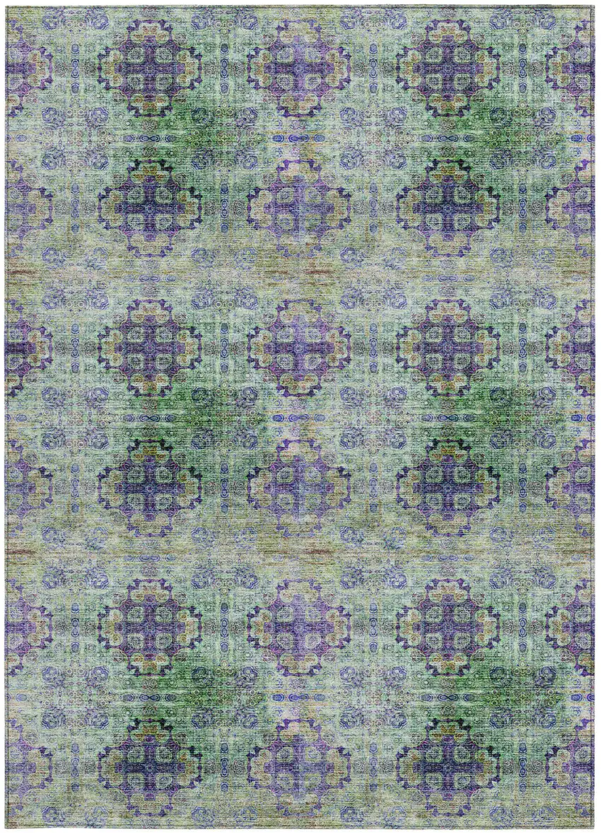 Purple and Green Floral Medallion Washable Non Skid Indoor Outdoor Area Rug Photo 5