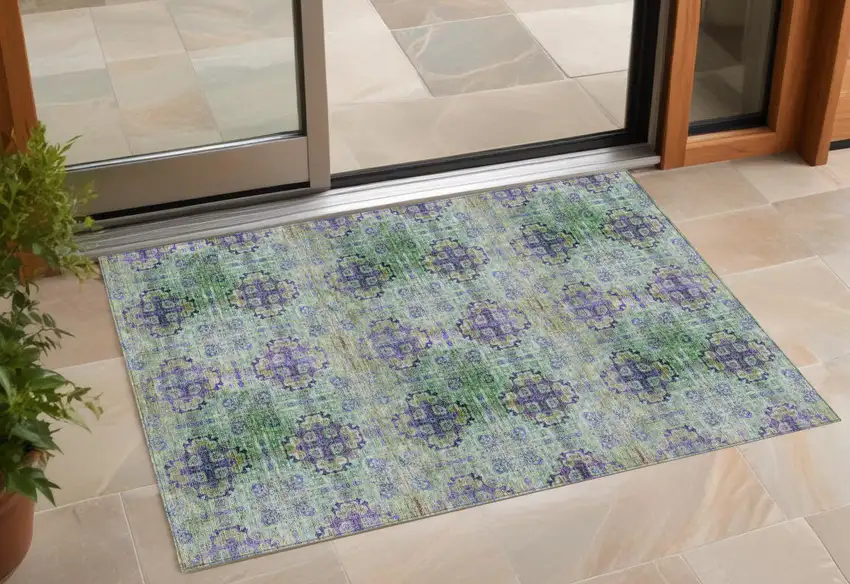 Purple and Green Floral Medallion Washable Non Skid Indoor Outdoor Area Rug Photo 1