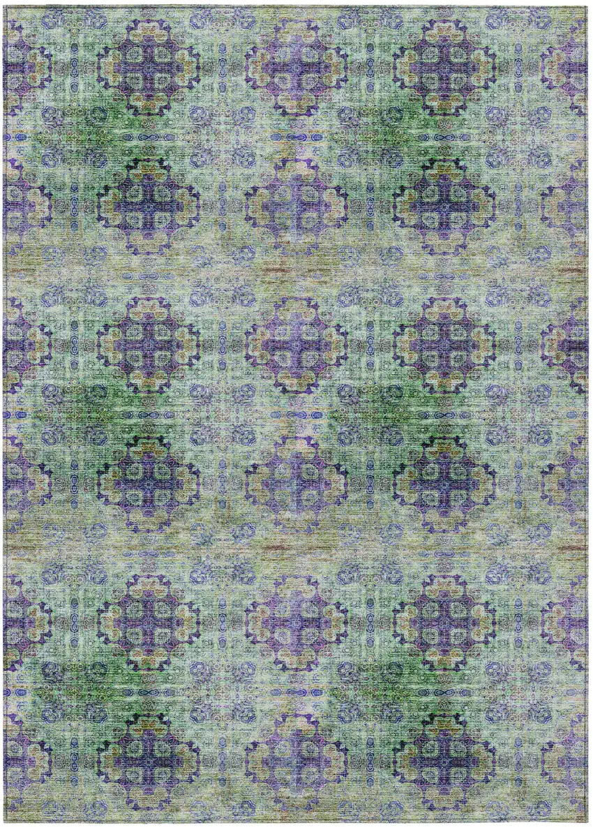 Purple and Green Floral Medallion Washable Non Skid Indoor Outdoor Area Rug Photo 2