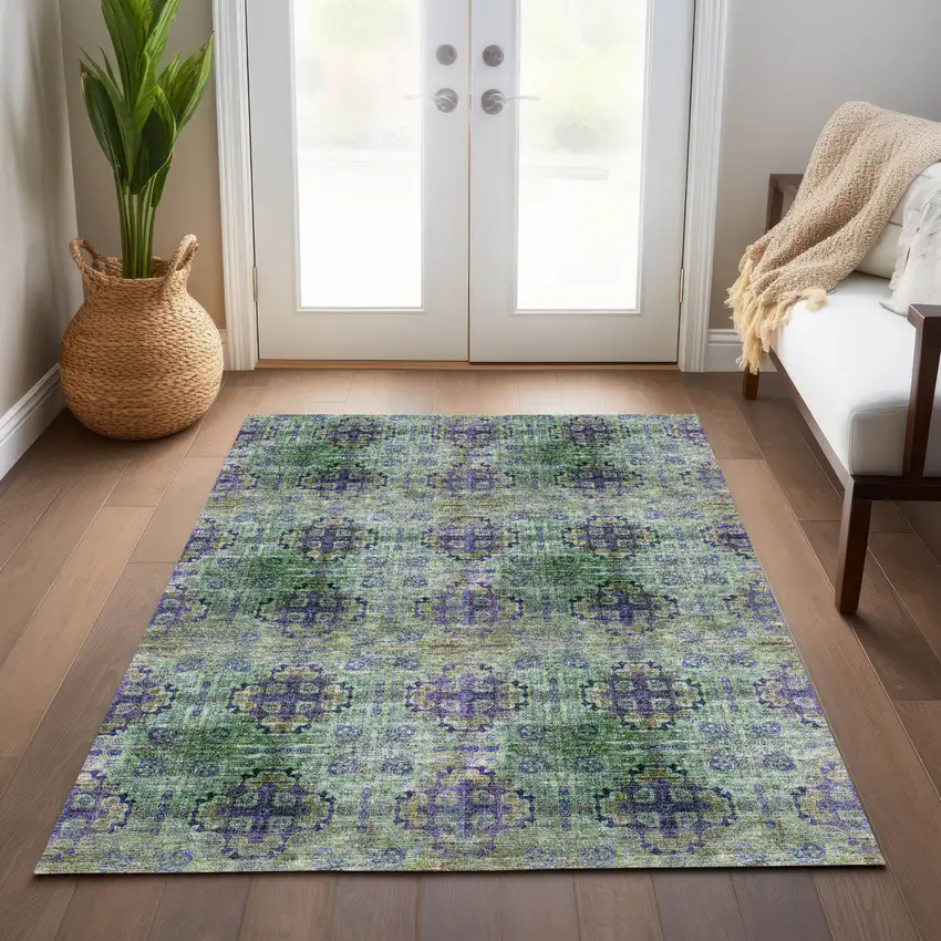 Purple and Green Floral Medallion Washable Non Skid Indoor Outdoor Area Rug Photo 9
