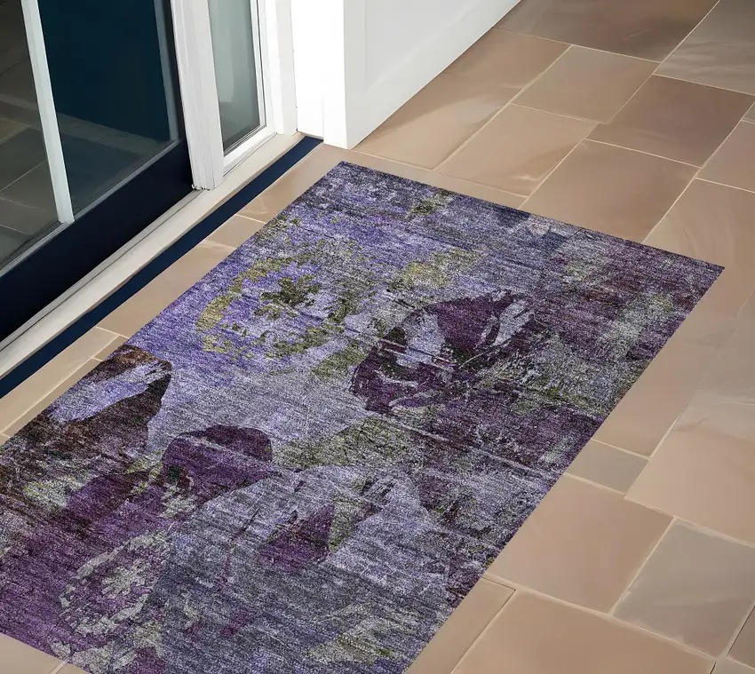 Purple and Green Floral Washable Non Skid Indoor Outdoor Area Rug Photo 1