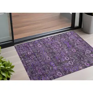 Photo of 3' X 5' Purple and Green Floral Washable Non Skid Indoor Outdoor Area Rug
