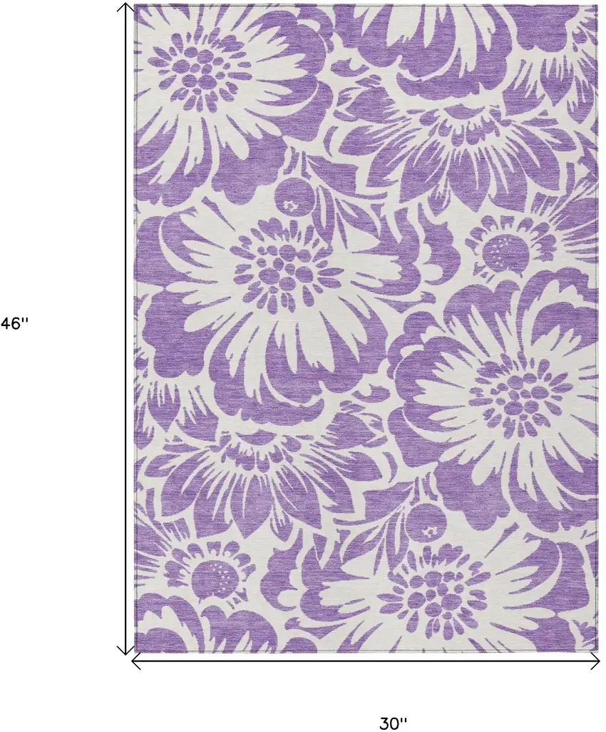 Purple and Ivory Floral Washable Non Skid Indoor Outdoor Area Rug Photo 3