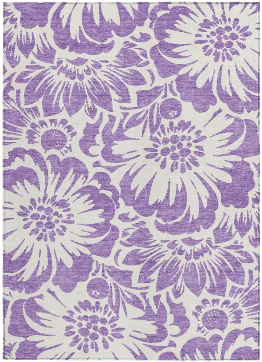 Purple and Ivory Floral Washable Non Skid Indoor Outdoor Area Rug Photo 5