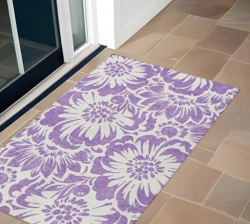 3' X 4' Purple and Ivory Floral Washable Non Skid Indoor Outdoor Area Rug Photo 1