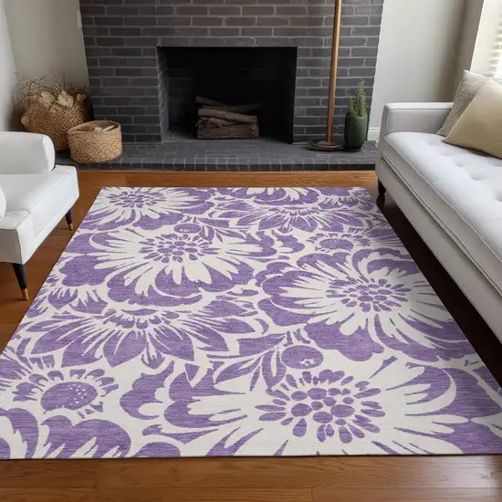 3' X 4' Purple and Ivory Floral Washable Non Skid Indoor Outdoor Area Rug Photo 9