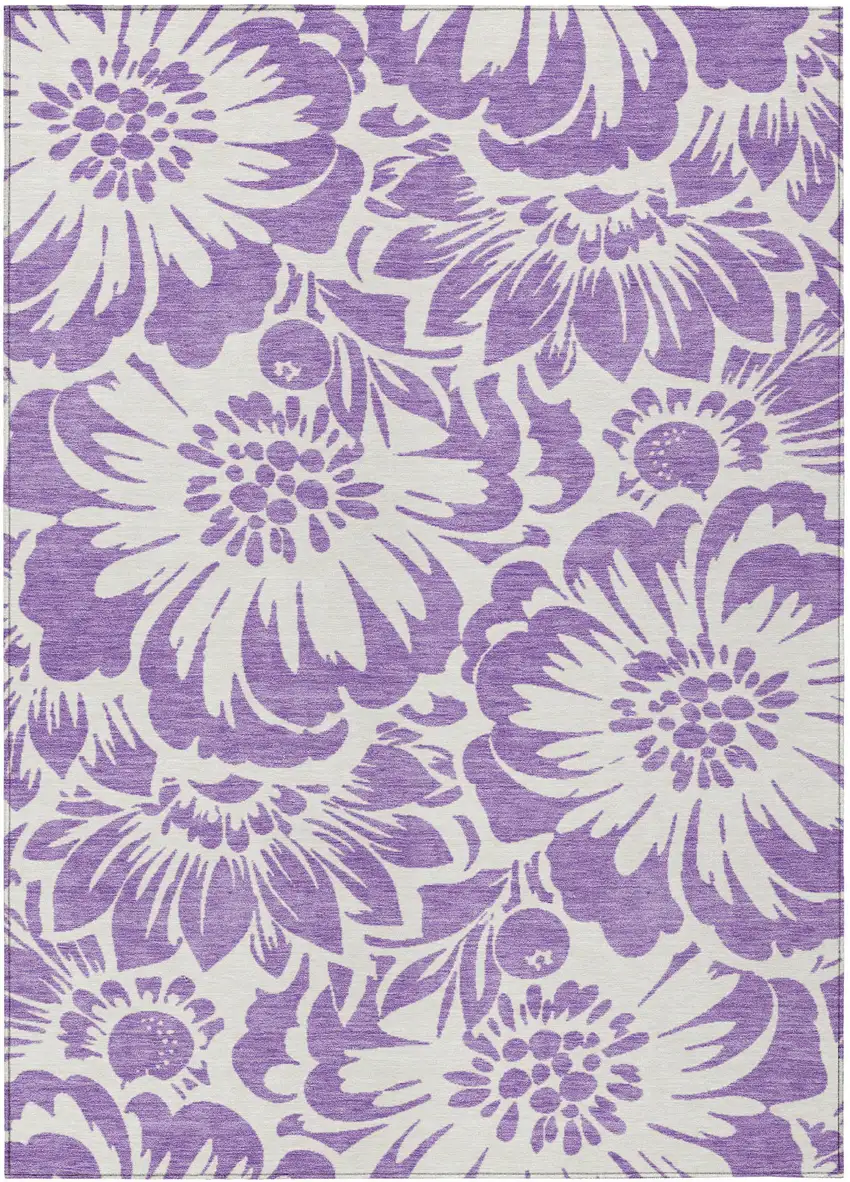 Purple and Ivory Floral Washable Non Skid Indoor Outdoor Area Rug Photo 2