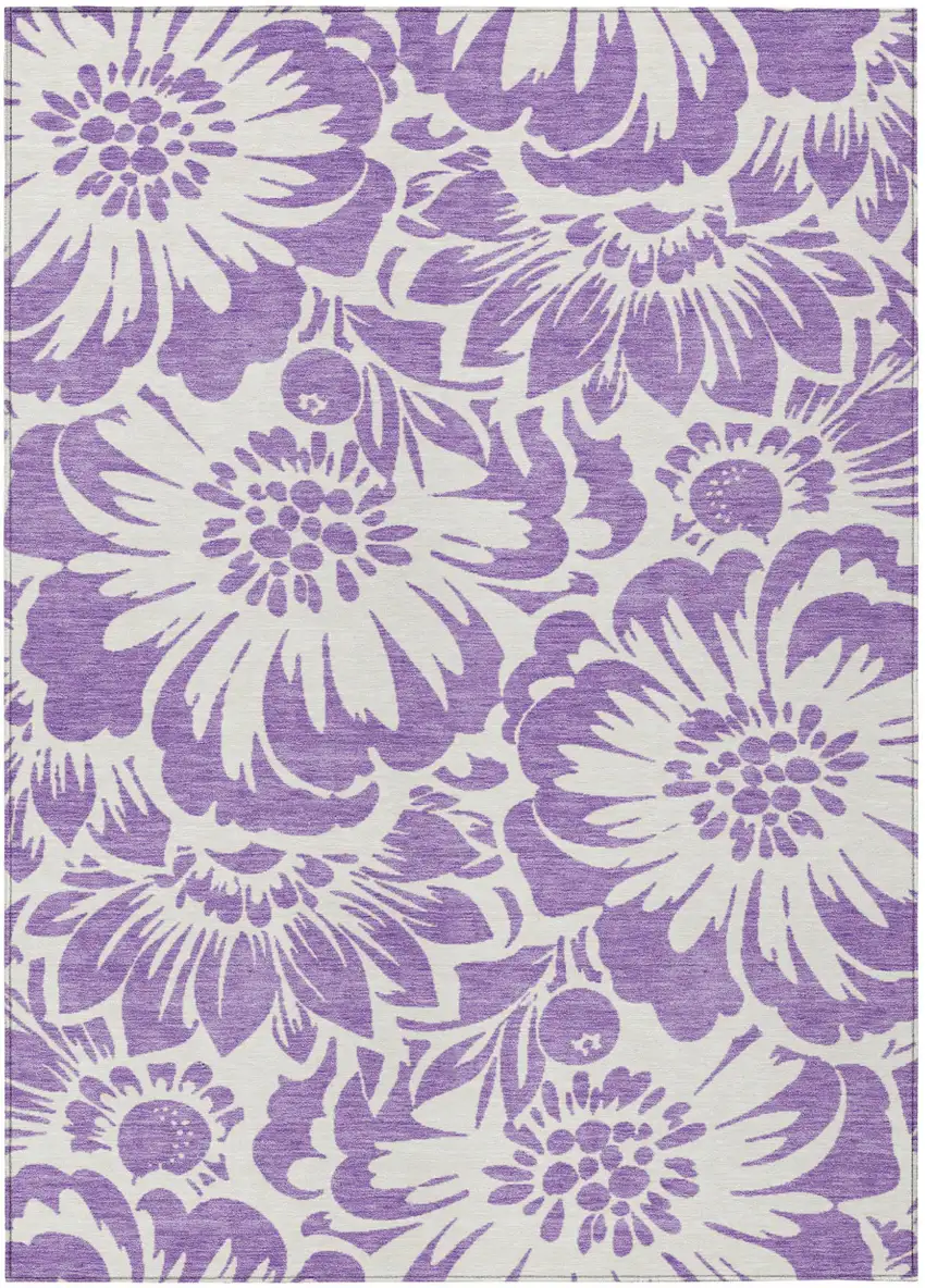 Purple and Ivory Floral Washable Non Skid Indoor Outdoor Area Rug Photo 2
