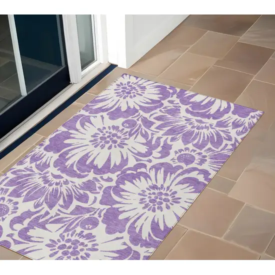 Purple and Ivory Floral Washable Non Skid Indoor Outdoor Area Rug Photo 1