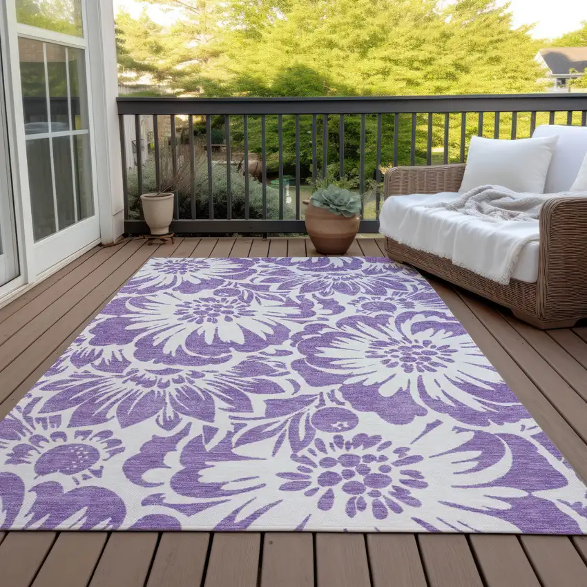 Purple and Ivory Floral Washable Non Skid Indoor Outdoor Area Rug Photo 8