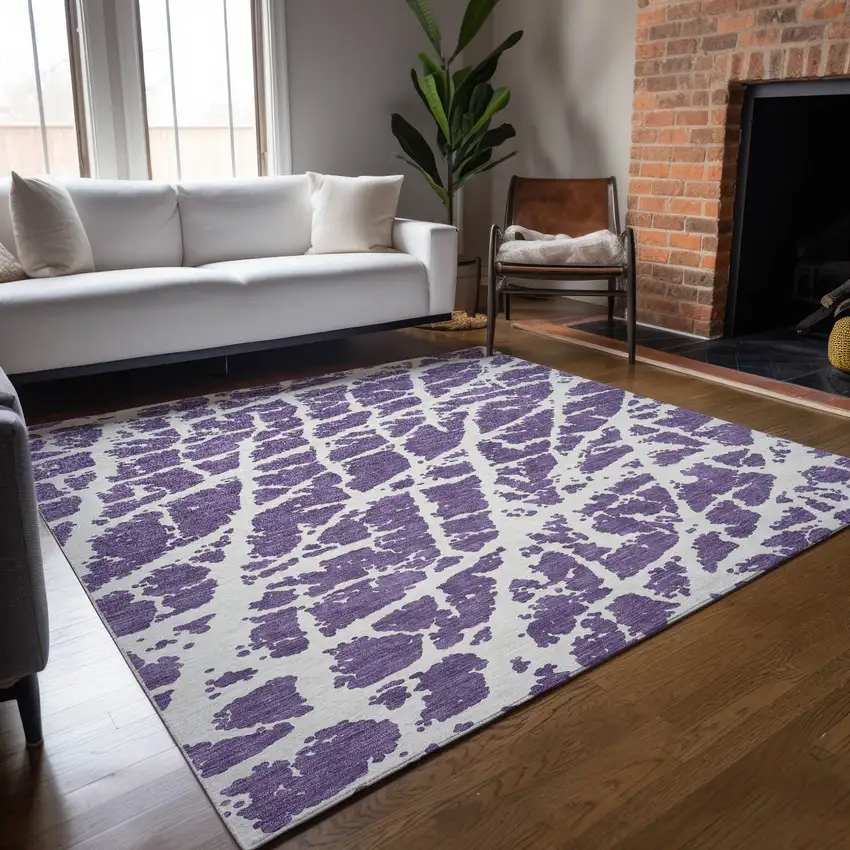 Purple and White Abstract Washable Non Skid Indoor Outdoor Area Rug Photo 9