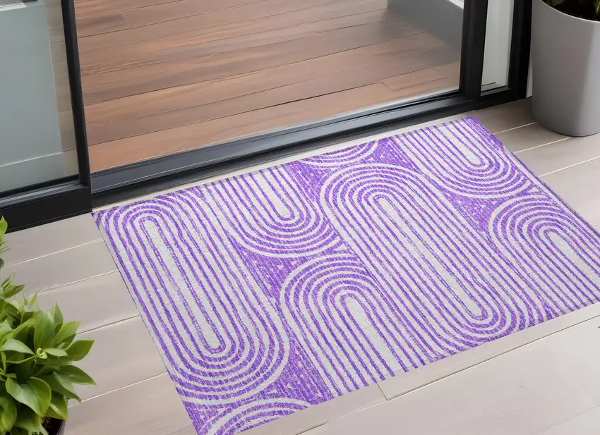 3' X 4' Purple and White Abstract Washable Non Skid Indoor Outdoor Area Rug Photo 1