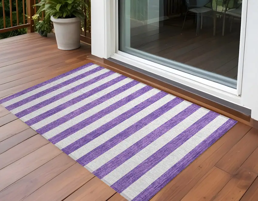 Purple and White Striped Washable Non Skid Indoor Outdoor Area Rug Photo 1