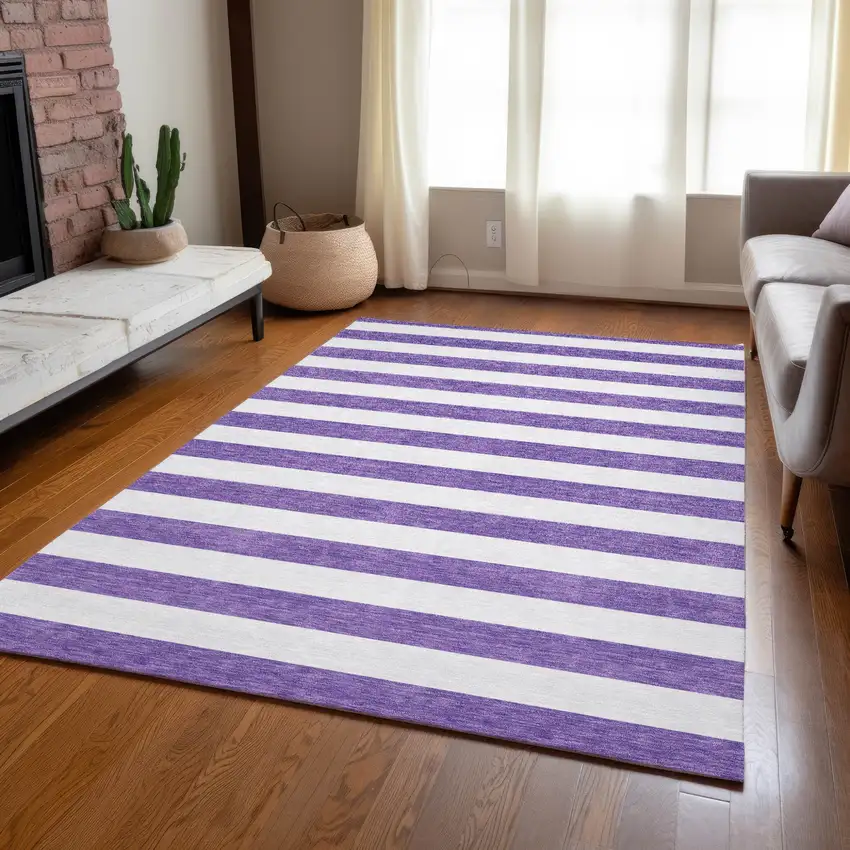 Purple and White Striped Washable Non Skid Indoor Outdoor Area Rug Photo 9