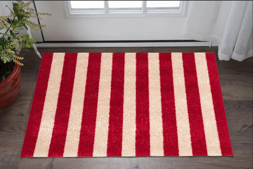Red And Sand Striped Tufted Washable Non Skid Area Rug Photo 1
