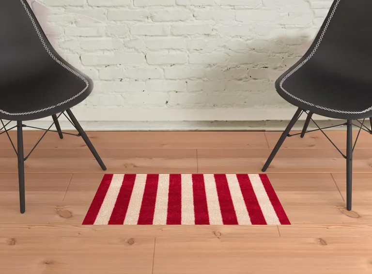 2' X 3' Red And Sand Striped Tufted Washable Non Skid Area Rug Photo 2