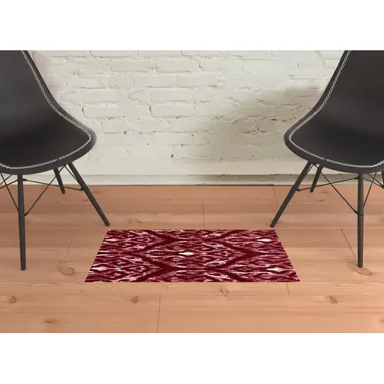 2' X 3' Red And White Ikat Tufted Washable Non Skid Area Rug Photo 2
